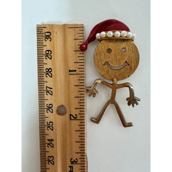 Gold-Toned Stick Figure Brooch With Enamel Santa Hat & Faux Pearl Trim - Picture 5 of 16